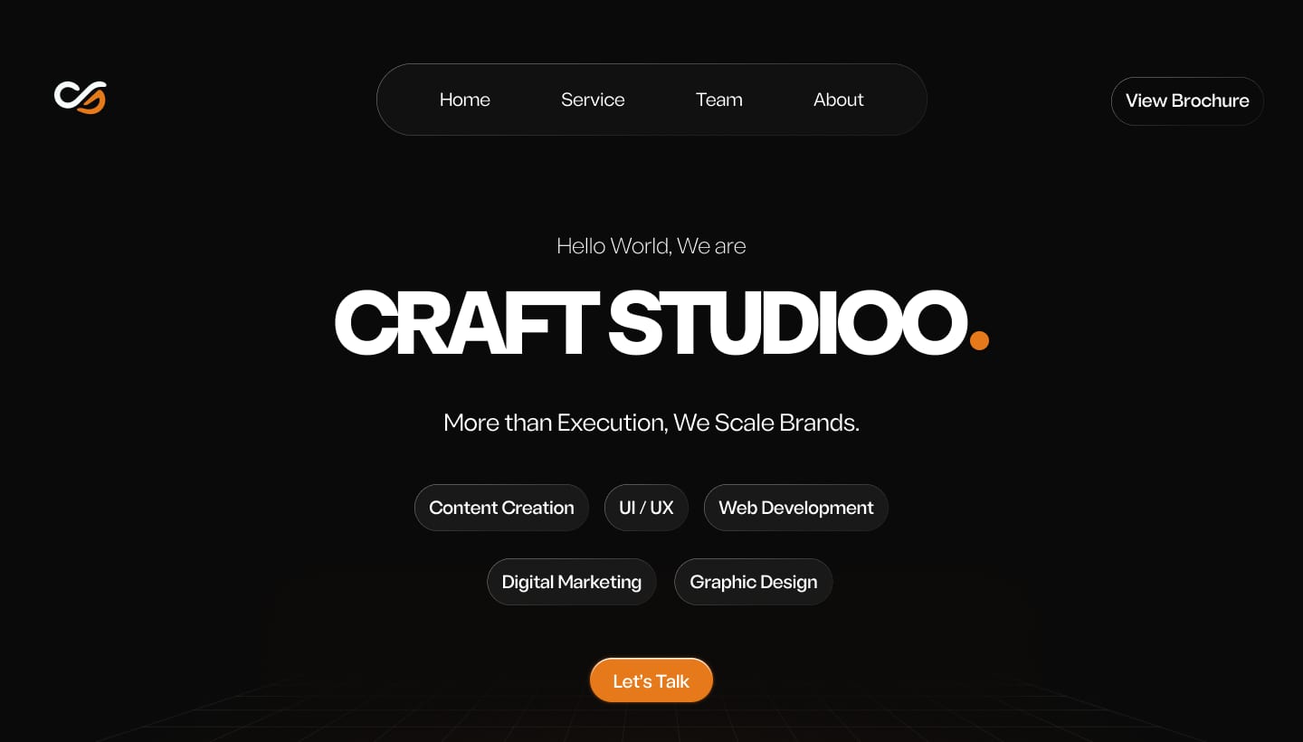 Craftstudioo hero: five service chips and one orange "Let's Talk" button