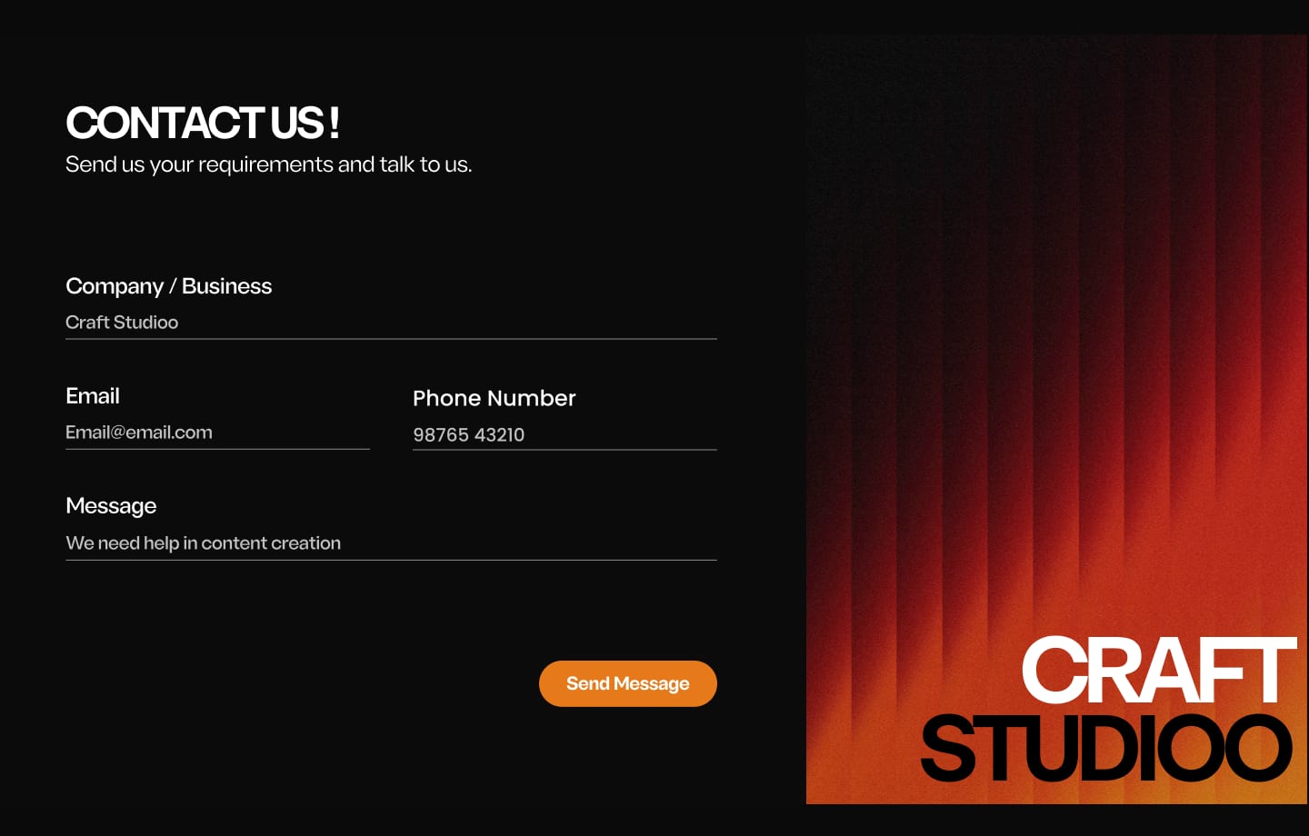 Contact form with four fields; email and phone side by side