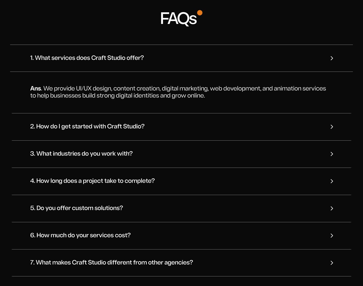 FAQ list with one answer open and the rest folded away
