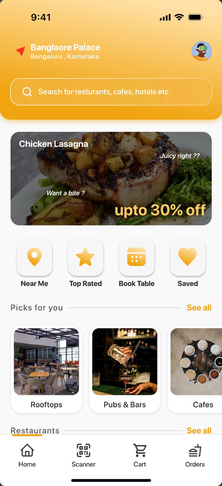 Diney home screen with nearby restaurants and offers
