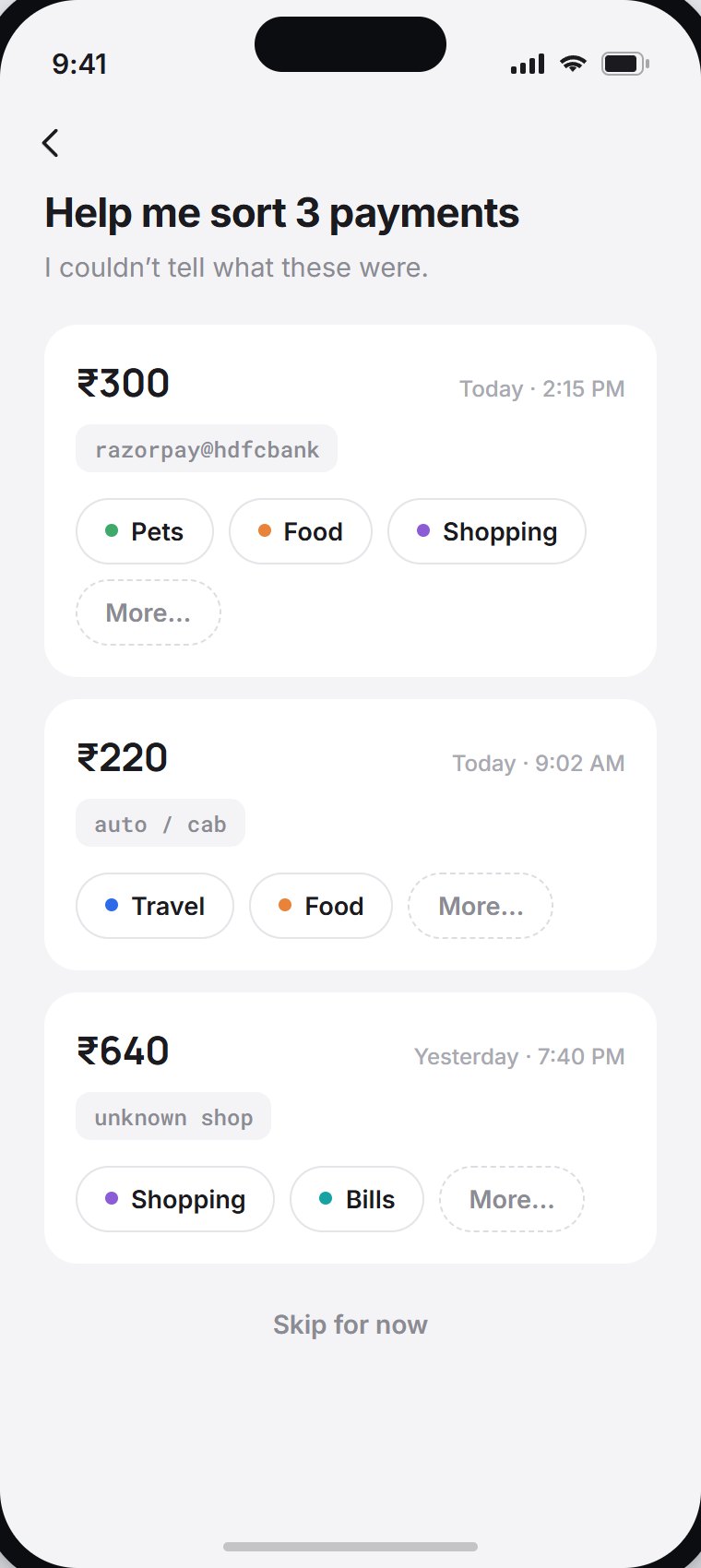Where did my money go? sort screen, separating shops from shared payment pipes
