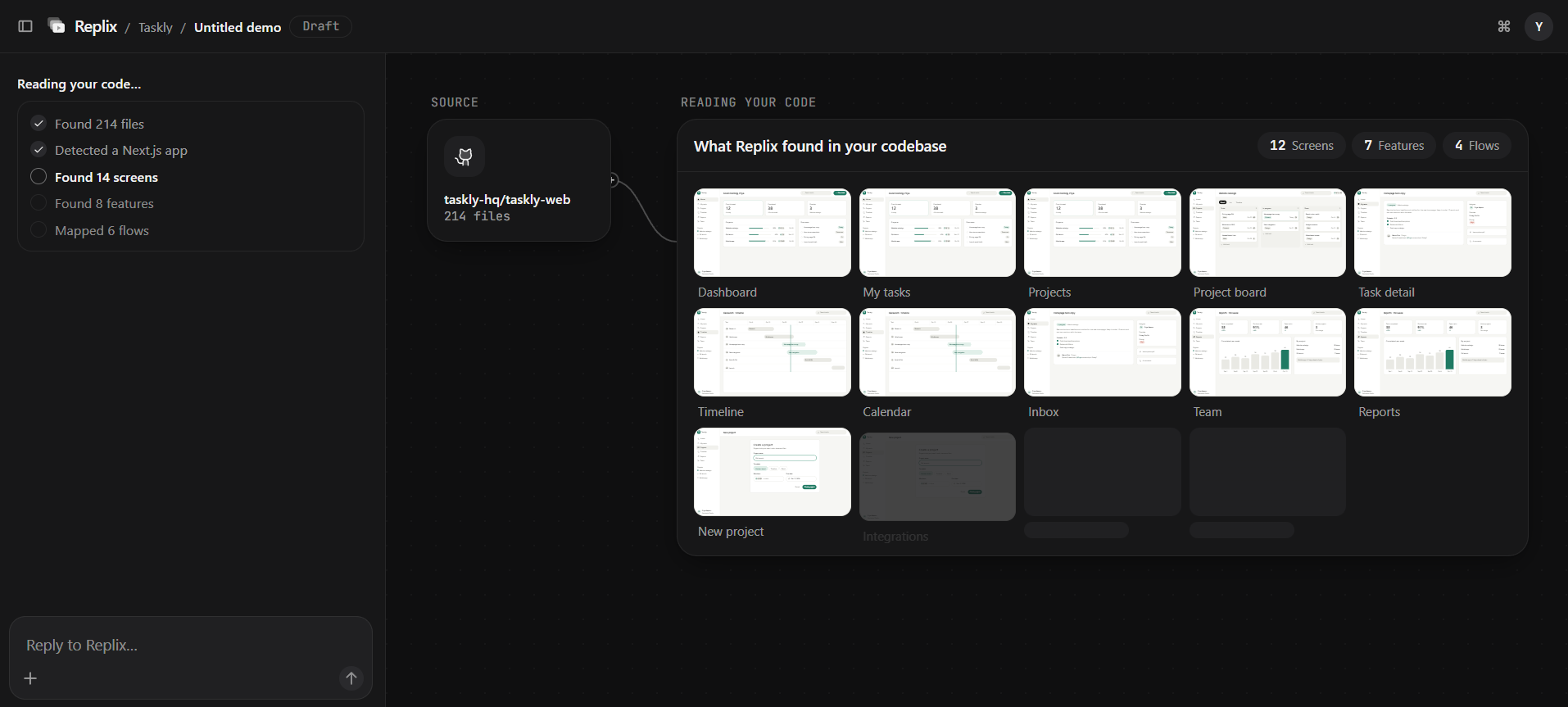 Replix reading a codebase: the screens, features and flows it found