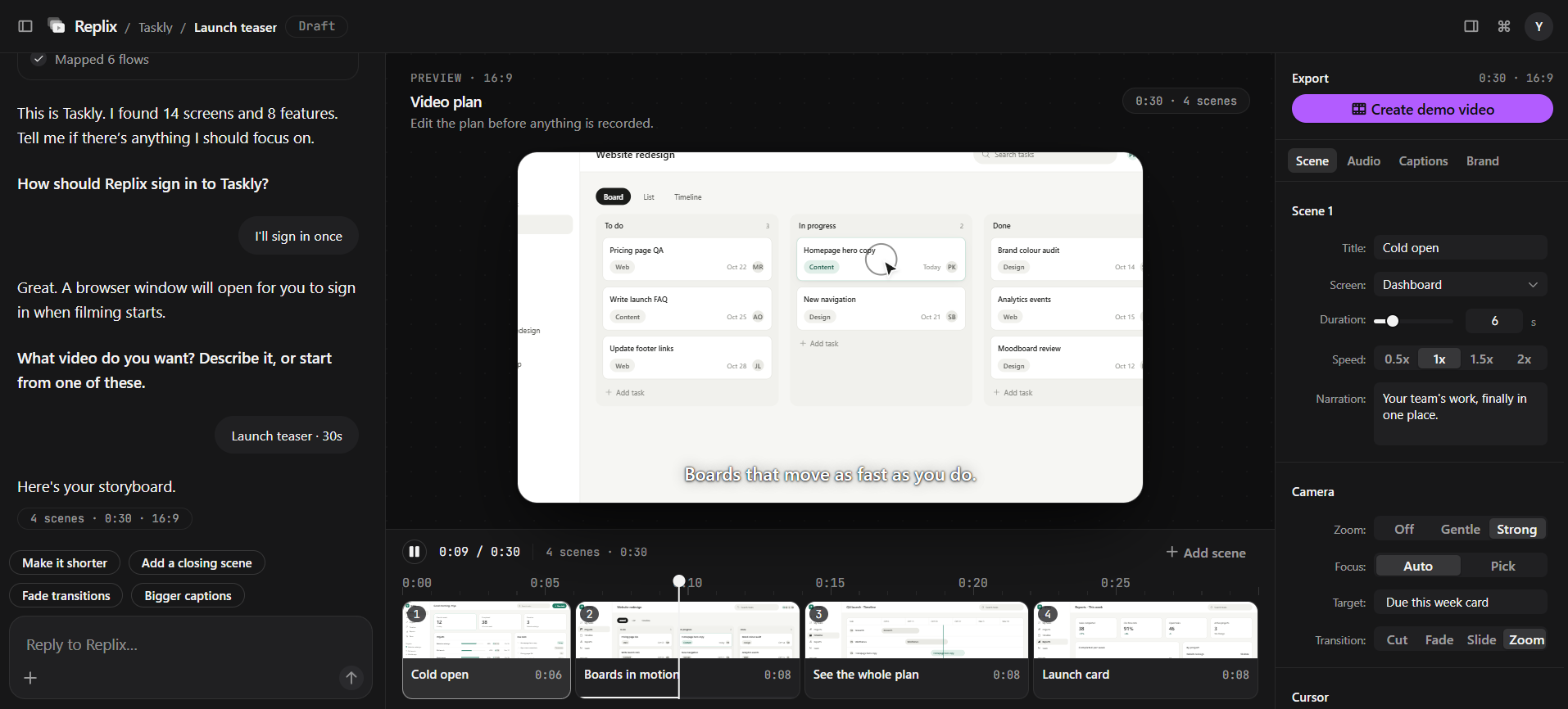 Replix storyboard editor: chat, video preview, scene timeline and export settings